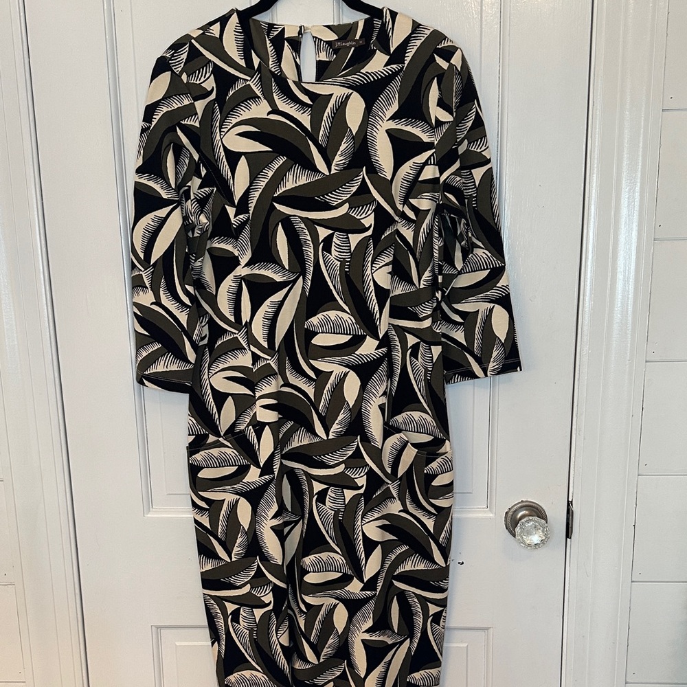 J. McLaughlin Neutral Leaf Midi Dress size M EUC 3/4 Sleeve Pockets